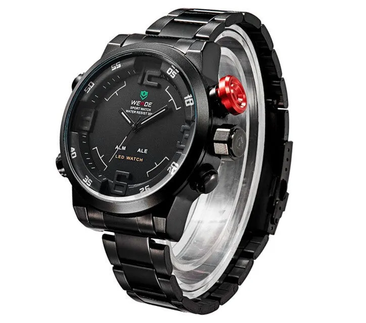 WEIDE Luxury Brand Men Sports Watches Full steel Army Military Watch LED Digital Analog 30m Waterproof Dive Quartz Wristwatches
