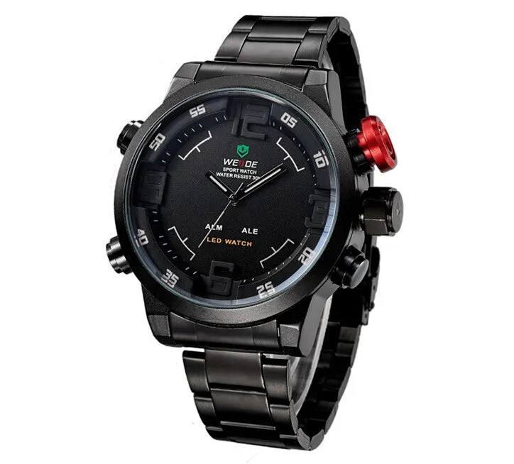 WEIDE Luxury Brand Men Sports Watches Full steel Army Military Watch LED Digital Analog 30m Waterproof Dive Quartz Wristwatches