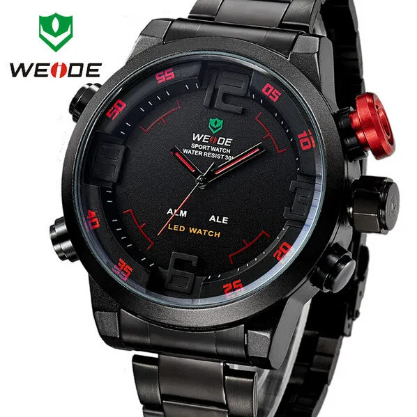 WEIDE Luxury Brand Men Sports Watches Full steel Army Military Watch LED Digital Analog 30m Waterproof Dive Quartz Wristwatches