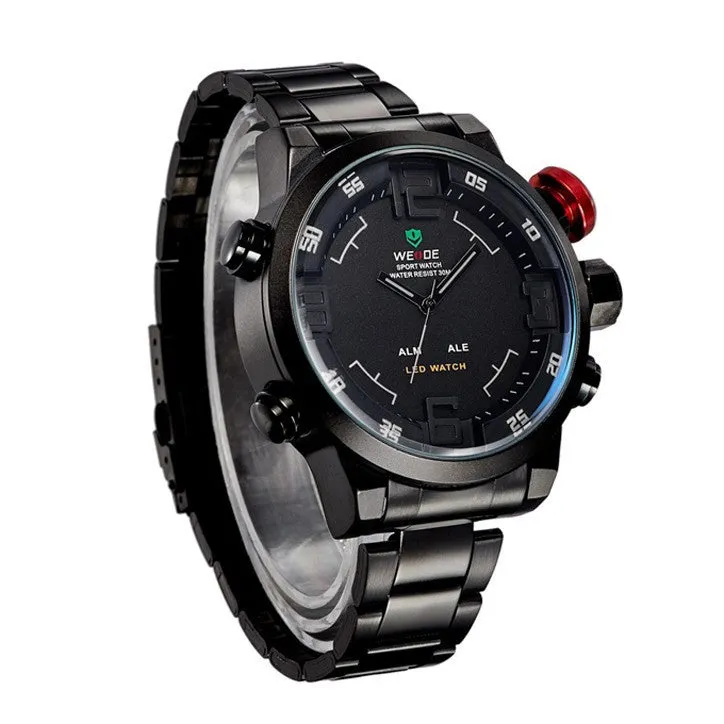 WEIDE Luxury Brand Men Sports Watches Full steel Army Military Watch LED Digital Analog 30m Waterproof Dive Quartz Wristwatches