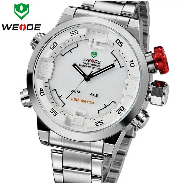 WEIDE Luxury Brand Men Sports Watches Full steel Army Military Watch LED Digital Analog 30m Waterproof Dive Quartz Wristwatches