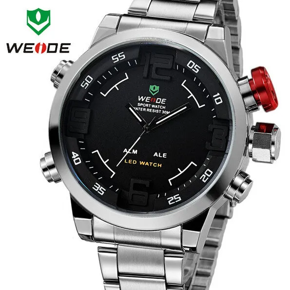 WEIDE Luxury Brand Men Sports Watches Full steel Army Military Watch LED Digital Analog 30m Waterproof Dive Quartz Wristwatches