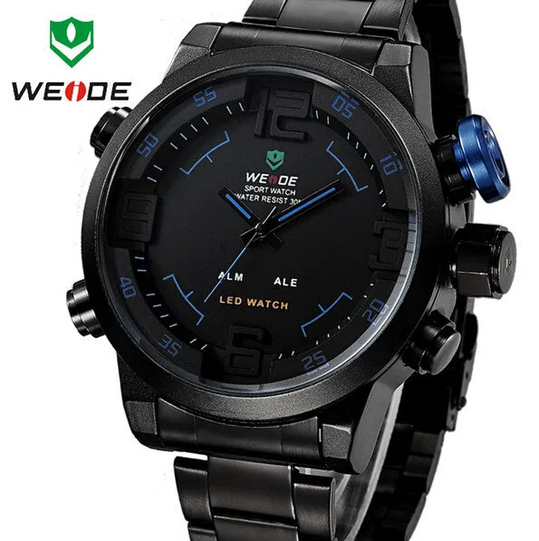 WEIDE Luxury Brand Men Sports Watches Full steel Army Military Watch LED Digital Analog 30m Waterproof Dive Quartz Wristwatches