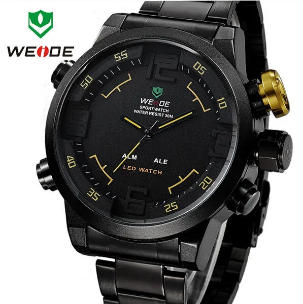 WEIDE Luxury Brand Men Sports Watches Full steel Army Military Watch LED Digital Analog 30m Waterproof Dive Quartz Wristwatches