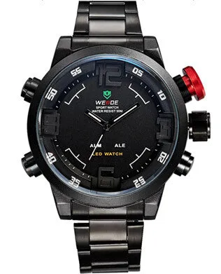 WEIDE Luxury Brand Men Sports Watches Full steel Army Military Watch LED Digital Analog 30m Waterproof Dive Quartz Wristwatches