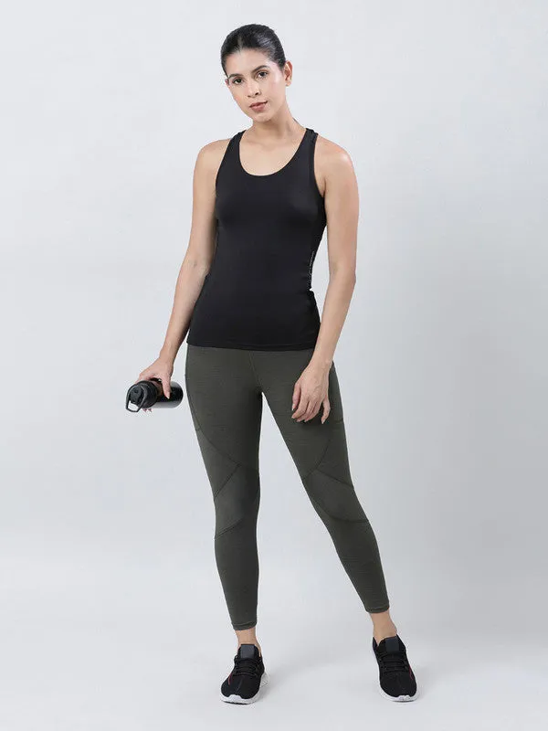 Women Black Solid Racerback Top- FRICTION RACER-BK