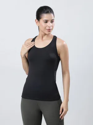 Women Black Solid Racerback Top- FRICTION RACER-BK