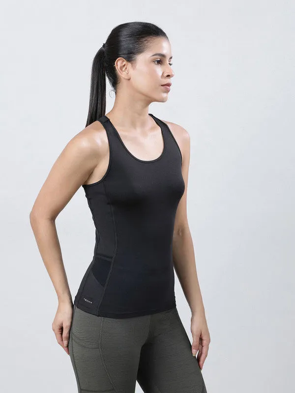 Women Black Solid Racerback Top- FRICTION RACER-BK