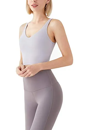 Women Racerback Sports Bras Camisole High Impact Workout Gym Activewear Yoga Tank Top, Ice Purple Ash, Large