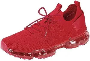 Womens Air Cushion Fashion Sneakers Breathable Knit Comfortable Lightweight Walking Shoes, Red, 5.5