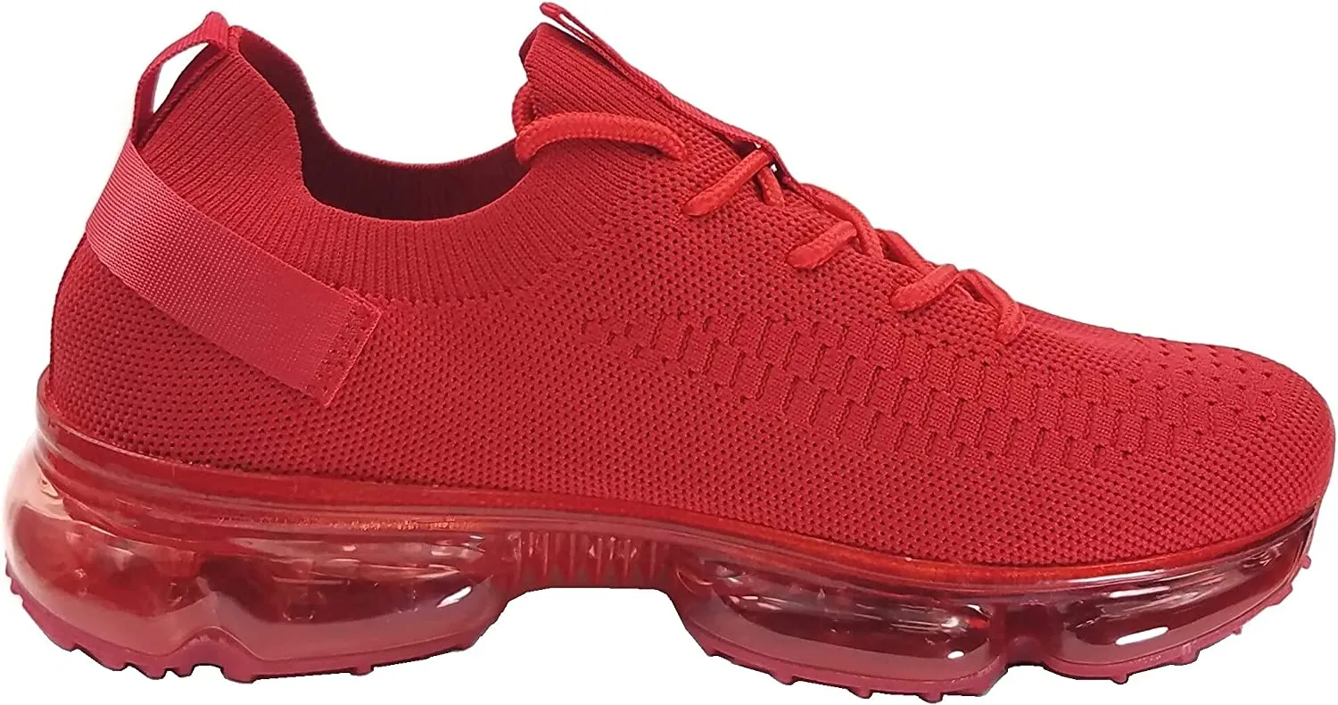 Womens Air Cushion Fashion Sneakers Breathable Knit Comfortable Lightweight Walking Shoes, Red, 5.5