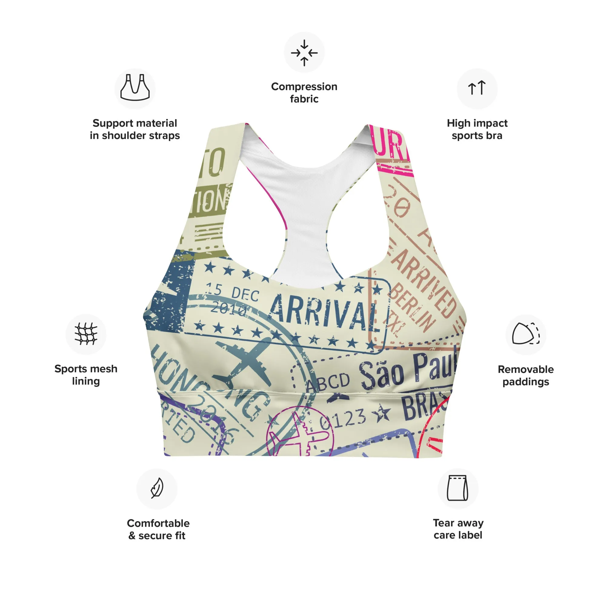 Women's Passport Stamps Sports Bra