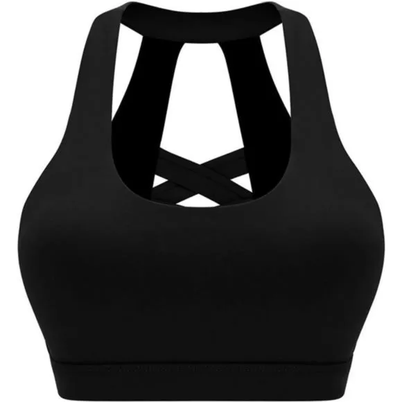 WOMENS Strappy Sports Bra Mesh Open Back Sports Bra for Workout Yoga Gym Black-3