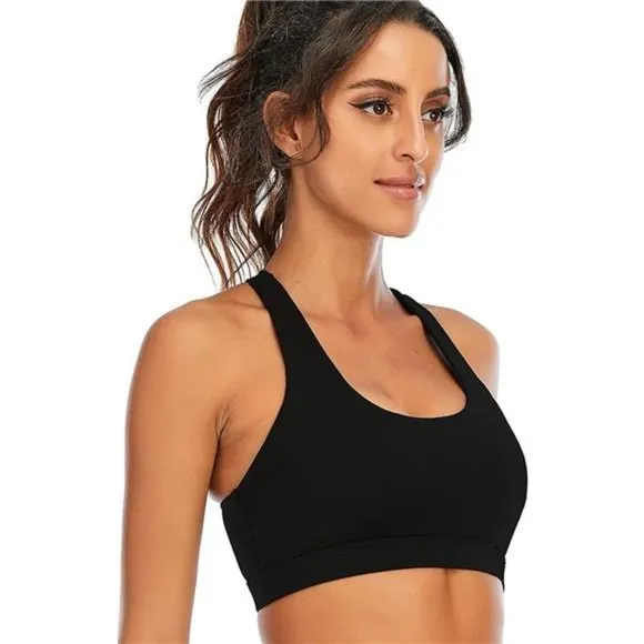 WOMENS Strappy Sports Bra Mesh Open Back Sports Bra for Workout Yoga Gym Black-3