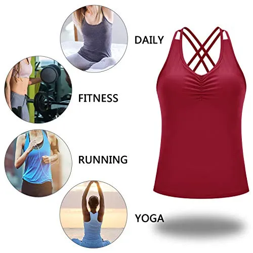 Womens Yoga Tank Tops with Built in Bra Strappy Back Workout Tops Sports Racerback Activewear (#B-Red, X-Large)