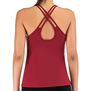 Womens Yoga Tank Tops with Built in Bra Strappy Back Workout Tops Sports Racerback Activewear (#B-Red, X-Large)