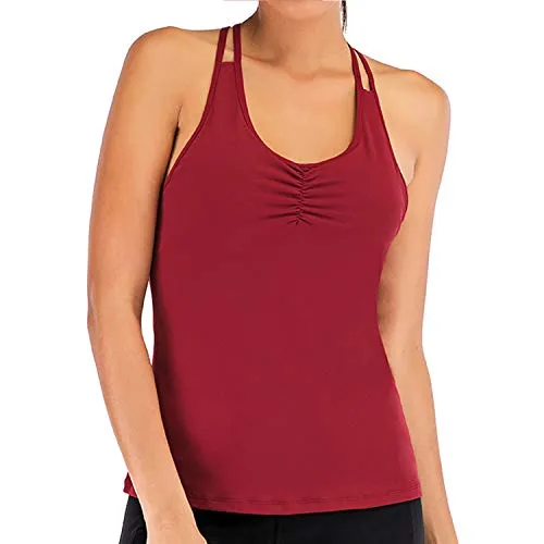 Womens Yoga Tank Tops with Built in Bra Strappy Back Workout Tops Sports Racerback Activewear (#B-Red, X-Large)