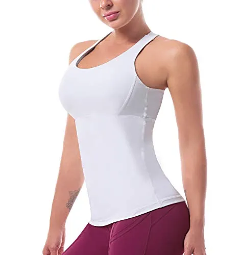 Women’s Yoga Tops Activewear Workout Shirts Sports Racerback Strappy Tank Tops with Built-in Support Bra White