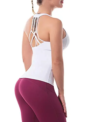 Women’s Yoga Tops Activewear Workout Shirts Sports Racerback Strappy Tank Tops with Built-in Support Bra White