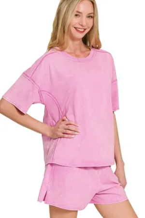 Zenana Acid Washed Short Sleeve Tee & Shorts Set